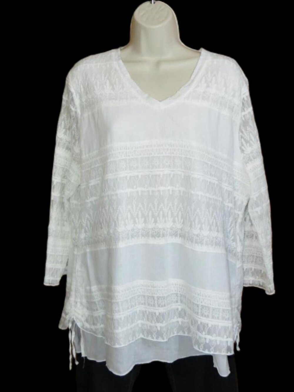 Lulu B White Top V-Neck Cotton Blend ¾ Sleeve Lace Size XL